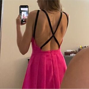 Hot Pink Resort Wear Low Back Mini Dress with Black Straps